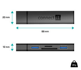 USB Hub Connect IT COMPACT 4v1 USB-A hub + čtečka karet, USB-A/ 2x USB-A 3.0, 1x SD, 1x MicroSD antracitová barva
