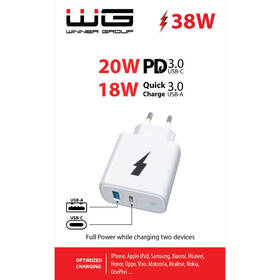 Nabíječka do sítě WG 1x USB, 1x USB-C, PD 20W, QC 3.0 bílá

 obrázek produktu 1 z 1