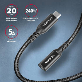 Kabel Axagon prodlužovací USB-C samec / USB-C samice, 0.5m, PD 240W, 8K HD, pletený černý

 obrázek produktu 1 z 4