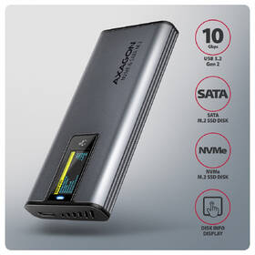 Externí rámeček Axagon DISPLAY box, USB-C 10Gbps - M.2 NVMe & SATA SSD šedý

 obrázek produktu 1 z 8