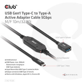 Kabel Club3D USB-C/USB-A, 10m černý

 obrázek produktu 2 z 4