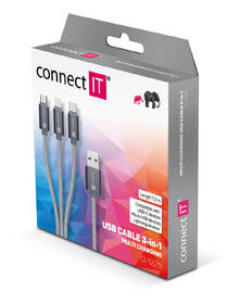 Kabel Connect IT Wirez 3in1 USB/USB-C + MicroUSB + Lightning, 1,2m stříbrný

 obrázek produktu 4 z 4