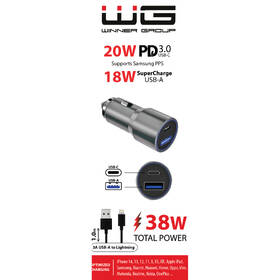 Adaptér do auta WG USB, USB-C, 38W + Lightnig kabel 1m stříbrný

 obrázek produktu 1 z 1