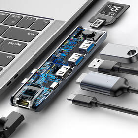 USB Hub Baseus USB-C/2x USB 3.0, USB-C PD, HDMI, RJ45, SD, Micro SD, pro MacBook Pro šedý

 obrázek produktu 8 z 10