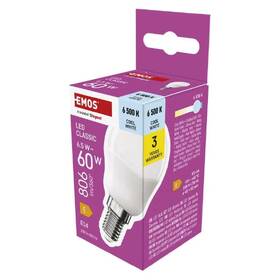 Žárovka LED EMOS Classic mini globe, 6,5W, 806lm, E14, studená bílá 

 obrázek produktu 2 z 3