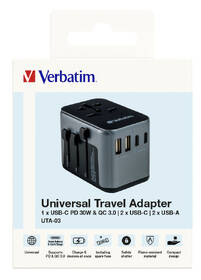 Cestovní adaptér Verbatim UTA-03 s 1 x USB-C PD 30W & QC 3.0 / 2 x USB-C / 2 x USB-A černý

 obrázek produktu 6 z 6