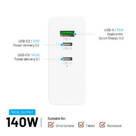 Nabíječka do sítě FIXED Charging Station, 2xUSB-C 1xUSB-A, GaN, PD 3.1, 140W bílá

 obrázek produktu 4 z 13