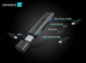 USB Hub Connect IT COMPACT 4v1 USB-A hub + čtečka karet, USB-A/ 2x USB-A 3.0, 1x SD, 1x MicroSD antracitová barva

