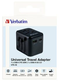 Cestovní adaptér Verbatim UTA-02 s 1 x USB-C PD 20W / 1 x USB-A QC 3.0 černý

 obrázek produktu 6 z 6