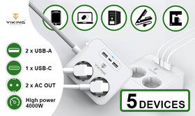 Kabel prodlužovací Viking AC23, 2x zásuvka, 2x USB, 1x USB-C, 1,5m bílá barva

