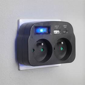 Rozbočovací zásuvka Solight 2x16A, USB A+C rychlonabíječka 20W, vypínač černá

 obrázek produktu 1 z 5