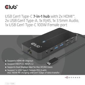 USB Hub Club3D USB-C/2x HDMI, 2x USB-A, 1x RJ45, 1x 3.5mm audio, 1x USB-C,100 W 

 obrázek produktu 2 z 7