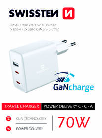 Nabíječka do sítě Swissten GaN 70W, 2x USB-C, 1x USB bílá

 obrázek produktu 2 z 3