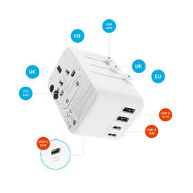 Cestovní adaptér FIXED Voyager pro EU, UK a USA/AUS, s 3xUSB-C a 2xUSB výstupem, GaN, PD 65W bílý

 obrázek produktu 9 z 12
