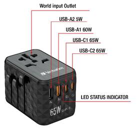 Cestovní adaptér Verbatim UTA-05 GaN III, 2x USB-C PD 65W & QC 4+, 2x USB-A černý

 obrázek produktu 9 z 11