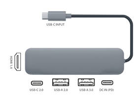 USB Hub GoGEN USB-C, 1x USB-C 2.0, 1x USB-C power, 1x USB-A 2.0, 1x USB-A 3.0, HDMI šedý

 obrázek produktu 1 z 2