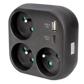 Rozbočovací zásuvka Solight 3x16A, USB A+C rychlonabíječka 20W černá

 obrázek produktu 2 z 4
