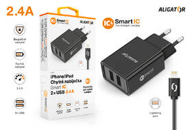 Nabíječka do sítě Aligator 2,4A, 2xUSB, smart IC, USB kabel pro Apple černá

 obrázek produktu 3 z 3