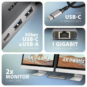 Dokovací stanice Axagon HMC-7HX2, USB 5Gbps, 2x USB-A, USB-C, 2x HDMI 4k/60Hz, RJ-45 GLAN, PD 100W, kabel USB-C 15cm šedá

 obrázek produktu 3 z 6