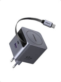 Nabíječka do sítě UGREEN GaN, 2×USB-C, USB, 45W, se zatahovacím kabelem šedá

 obrázek produktu 3 z 8