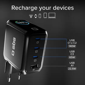 Nabíječka do sítě SBS Smart GaN 3x USB-C/USB-A, PD, 140 W černá

 obrázek produktu 3 z 8