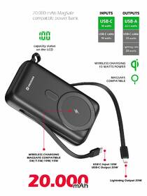 Powerbanka Swissten 20000 mAh, PD 20W s integrovanými kabely USB-C a Lightning, MagSafe černá

 obrázek produktu 1 z 2