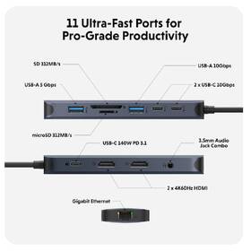 USB Hub HyperDrive EcoSmart Gen.2 Dual HDMI USB-C 11-in-1 140W PD3.1 Pass-thru 

 obrázek produktu 1 z 7