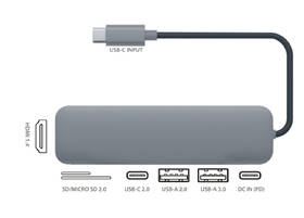 USB Hub GoGEN USB-C, 1x USB-C 2.0, 1x USB-C power, 1x USB A-2.0, 1x USB-A 3.0, HDMI, Card reader šedý

 obrázek produktu 1 z 1