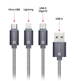 Kabel Connect IT Wirez 3in1 USB/USB-C + MicroUSB + Lightning, 1,2m stříbrný

 obrázek produktu 1 z 4