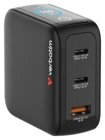 Cestovní adaptér Verbatim Mini GaN LCD, 2x USB-C PD 100 W, 1x USB-A QC 3.0, černá černý

 obrázek produktu 3 z 10
