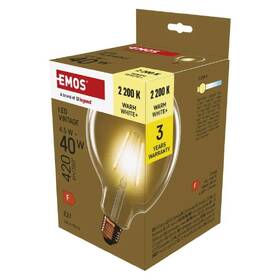 Žárovka LED EMOS Vintage globe, 4,5W, 420lm, E27, teplá bílá 

 obrázek produktu 2 z 3