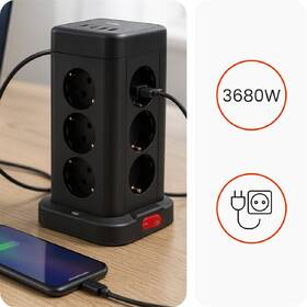Kabel prodlužovací Huslog 15W 12xzásuvka, 2xUSB-C, 2xUSB černý

 obrázek produktu 3 z 8
