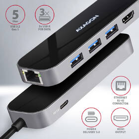 USB Hub Axagon USB 3.2 Gen 1 hub, 3x USB-A, HDMI 4k/60Hz, RJ-45 GLAN, PD 100W, kabel USB-C 20cm šedý

 obrázek produktu 1 z 7