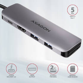 USB Hub Axagon USB 3.2 Gen 1 hub, 2x USB-A, HDMI, SD/microSD slot, PD 100W, kabel USB-C 20cm šedý

 obrázek produktu 1 z 7