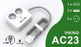 Kabel prodlužovací Viking AC23, 2x zásuvka, 2x USB, 1x USB-C, 1,5m bílá barva
