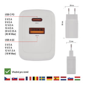 Nabíječka do sítě EMOS GaN, 45W, 1x USB-A/1x USB-C bílá

 obrázek produktu 9 z 14