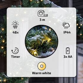 Vánoční osvětlení Solight LED girlanda s jehličím, 48x LED, časovač, 3xAA, IP44, (3m) zelené

 obrázek produktu 8 z 8