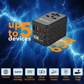 Cestovní adaptér Verbatim UTA-05 GaN III, 2x USB-C PD 65W & QC 4+, 2x USB-A černý

 obrázek produktu 11 z 11