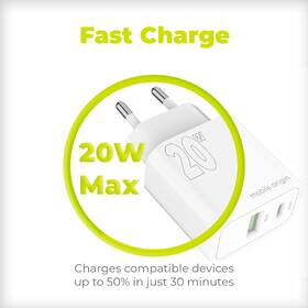 Nabíječka do sítě Mobile Origin 1x USB-A/2x USB-C PD20W bílá barva
