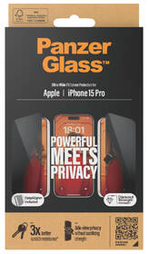 Tvrzené sklo PanzerGlass Privacy na Apple iPhone 15 Pro s instalačním rámečkem 

 obrázek produktu 3 z 10