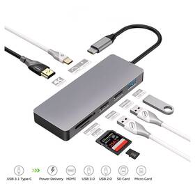 USB Hub PLATINET USB-C/USB-C PD, HDMI, SD, Micro SD, 2x USB 2.0, USB 3.0 šedý

 obrázek produktu 1 z 6