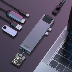 USB Hub Baseus USB-C/2x USB 3.0, USB-C PD, HDMI, RJ45, SD, Micro SD, pro MacBook Pro šedý

 obrázek produktu 6 z 10