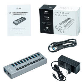 USB Hub i-tec 10x USB 3.0, 48W stříbrná barva
