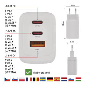 Nabíječka do sítě EMOS GaN, 65W, 1x USB-A/2x USB-C bílá

 obrázek produktu 9 z 14